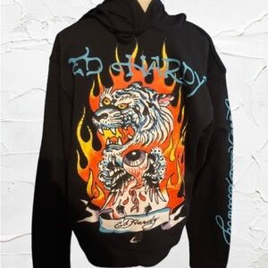 Ed Hardy Black Hoodie with Fiery Tiger Graphic